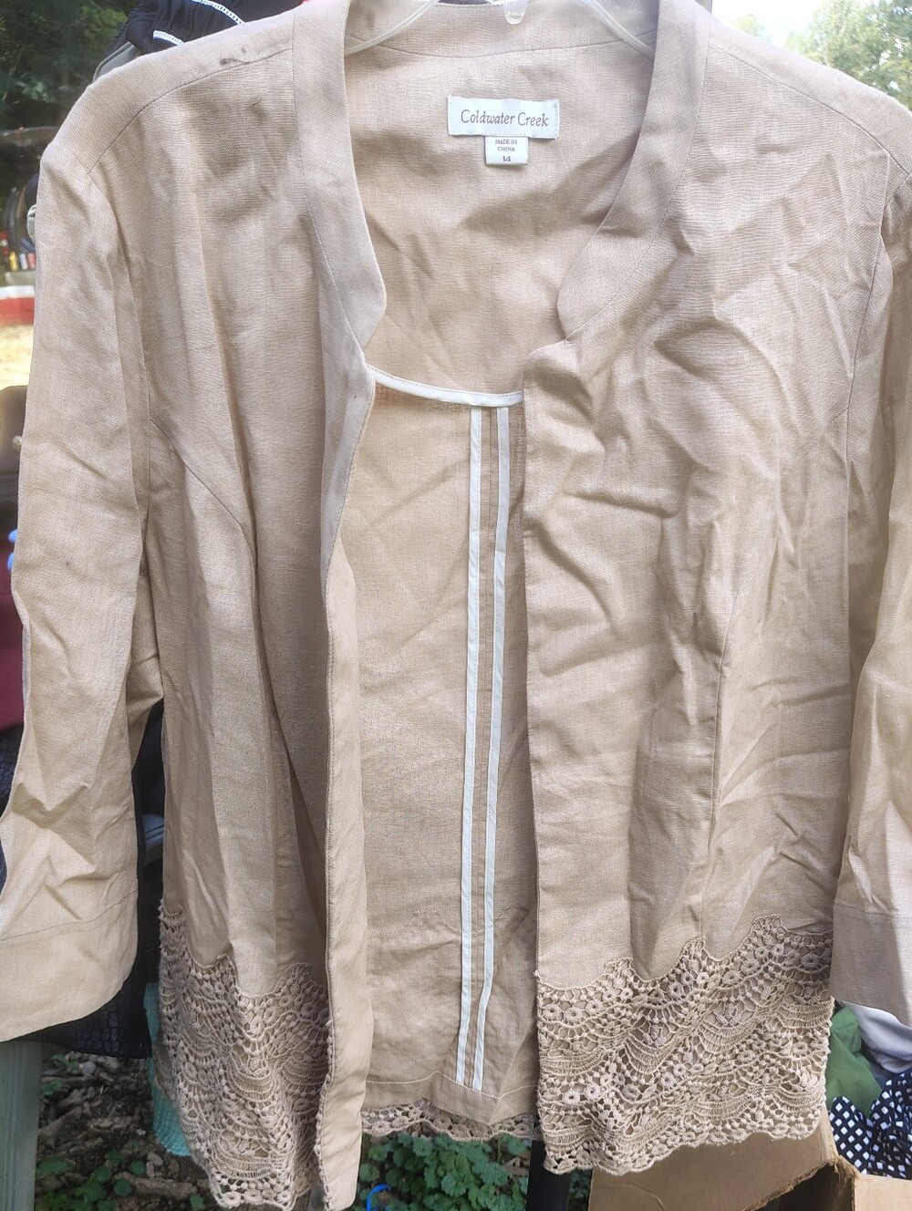 Coldwater Creek Taupe Crochet-Hem Open Linen Cardigan